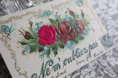 画像1: フランス　アンティークポストカード　ピンクと赤のバラの花