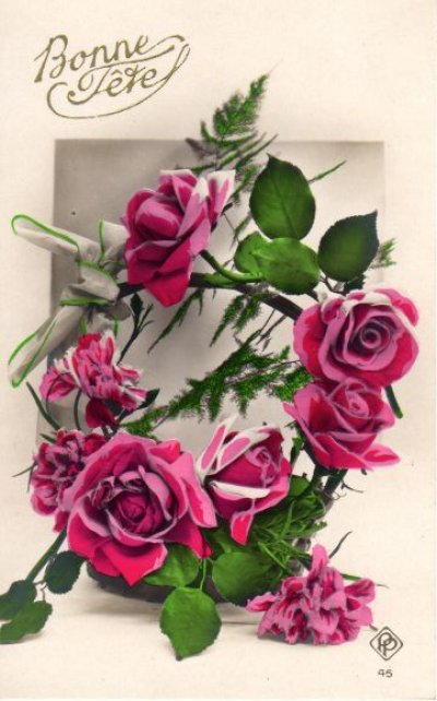 画像2: フランス　アンティークポストカード　バラのリース