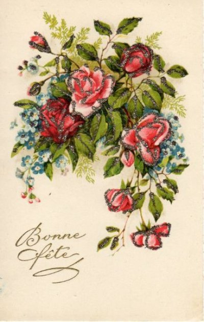 画像2: フランス　アンティークポストカード　きらきらのバラの花