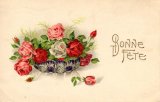 フランス　アンティークポストカード　パープルの花器とバラ