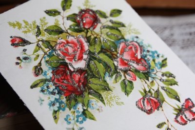 画像1: フランス　アンティークポストカード　きらきらのバラの花