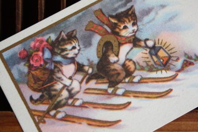 画像4: フランス　古いメッセージカード　スキーをするネコ