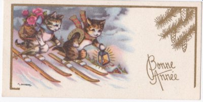 画像5: フランス　古いメッセージカード　スキーをするネコ