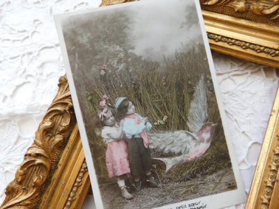 画像2: フランス　アンティークポストカード　鳥と子どもと
