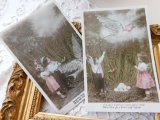 フランス　アンティークポストカード　鳥と子どもと