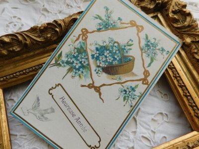 画像1: フランス　アンティークポストカード　小さな花と白い鳩