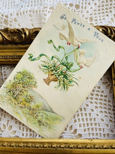 画像1: フランスアンティーク　二羽の鳩とスズランと　1911