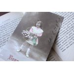 画像: フランス　アンティークポストカード　花かごを持つ少女
