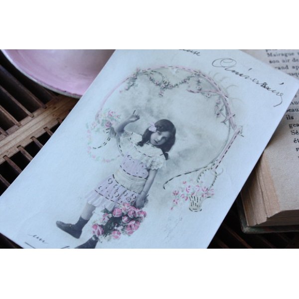 画像1: フランス　アンティークポストカード　ピンクのお花のガーランド (1)