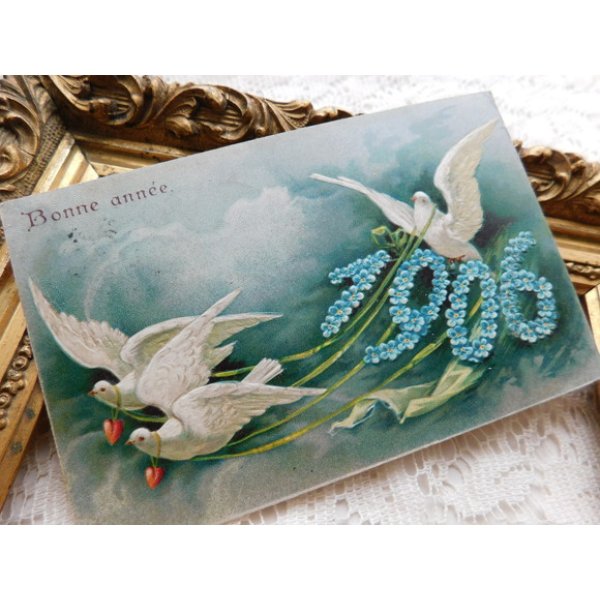 画像1: フランスアンティーク　ポストカード　白い鳩　1906 (1)