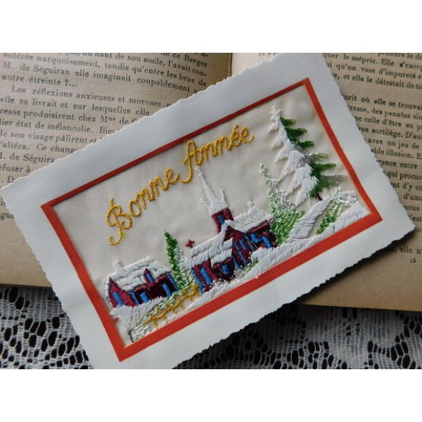 画像1: フランスアンティーク　刺繍のポストカード　雪の風景 (1)