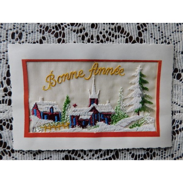 画像2: フランスアンティーク　刺繍のポストカード　雪の風景 (2)