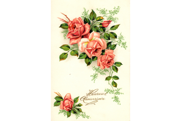 フランス アンティークポストカード オレンジピンクのバラ