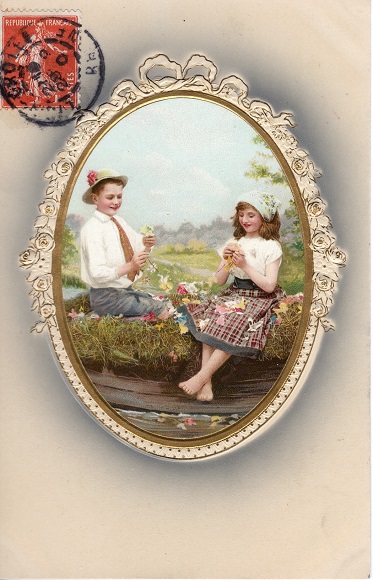 画像: フランス　アンティークポストカード　お花摘み