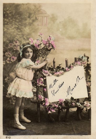 画像: フランス　アンティークポストカード　お花いっぱいのメッセージボード