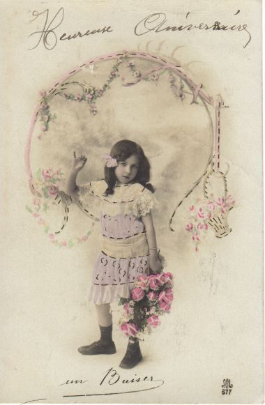 画像: フランス　アンティークポストカード　ピンクのお花のガーランド
