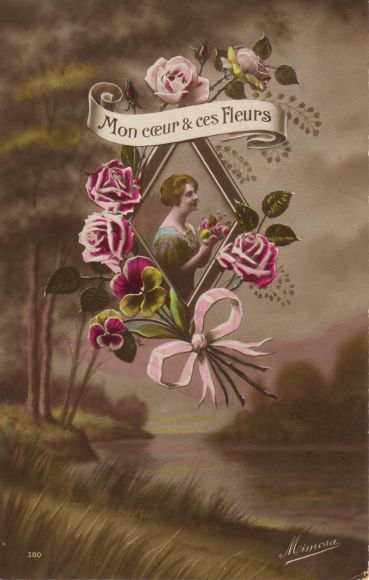 画像: フランス　アンティークポストカード　気持ちを花に込めて